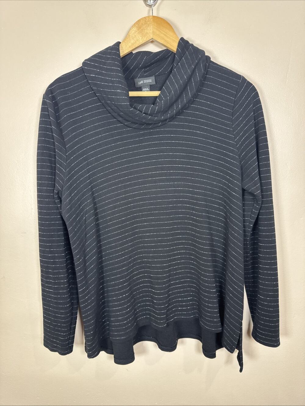 J Jill Wearever Collection Women’s Cowl Neck Sweater Striped Black M Boho Hippie